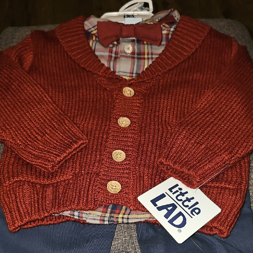 NWT Little Lad Cardigan Set Tie Rust Color Plaid Blue Pants 12 Months Toddler - Picture 4 of 7